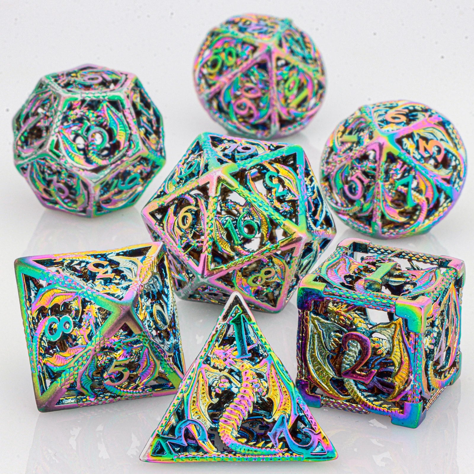 Flamecrest – Metal 7‑Piece Dice Set